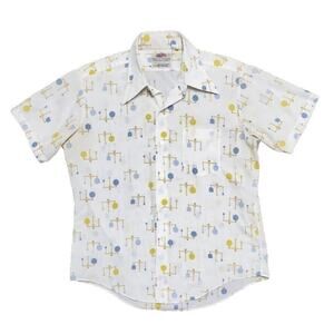 70s Vintage Fruit Of The Loom Western Button Up Shirt Retro All Over Print‎ L